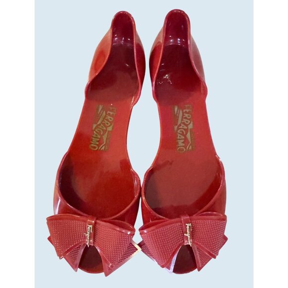 SALVATORE FERRAGAMO Vara Jelly PVC Red Ballet Bow Detail Flats Sz 7 - Picture 3 of 8